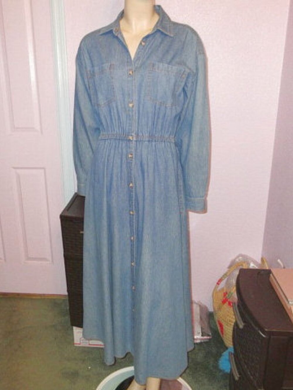 Vtg Denim Maxi Dress Size S Pockets Button Up Prairie Country Granny Modest Trad